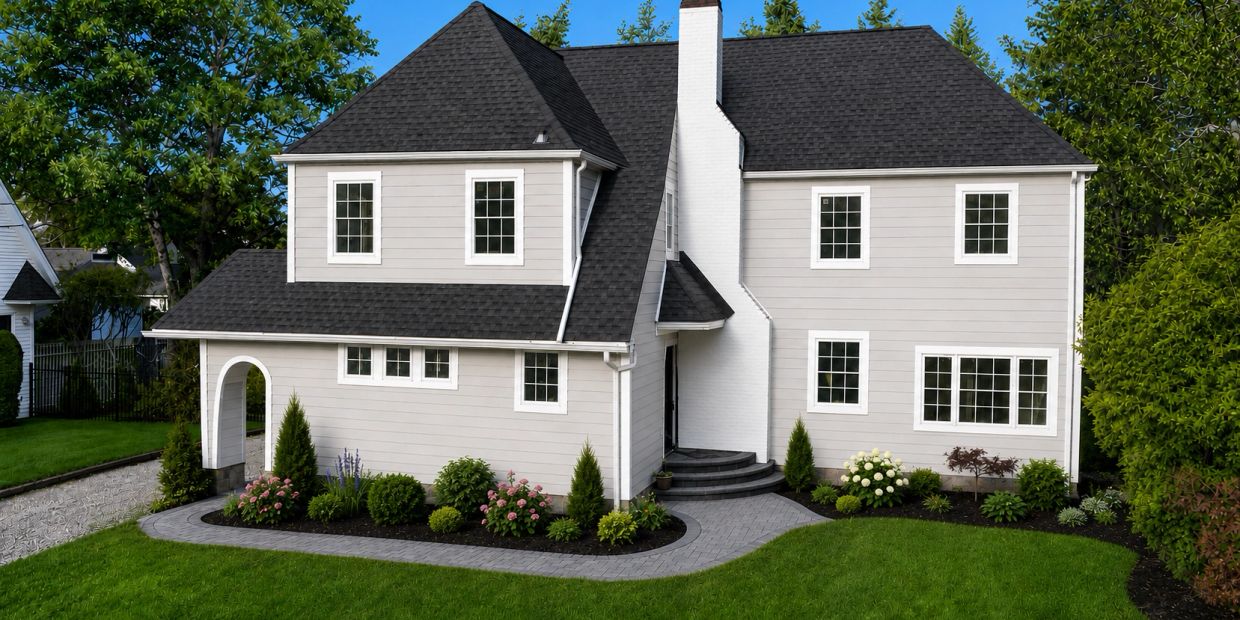 Modern two-story house with gray siding and black roof, surrounded by lush greenery.