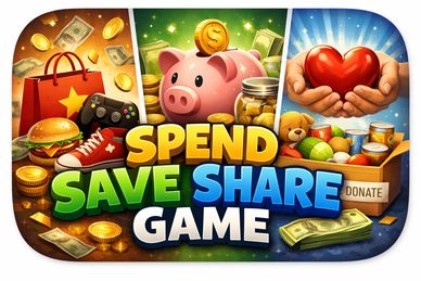 In the Spend, Save, Share Game, players learn how to manage money wisely by making choices that grow