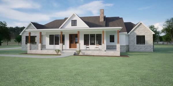 Modern single-story house with stone and white exterior and a large front porch.