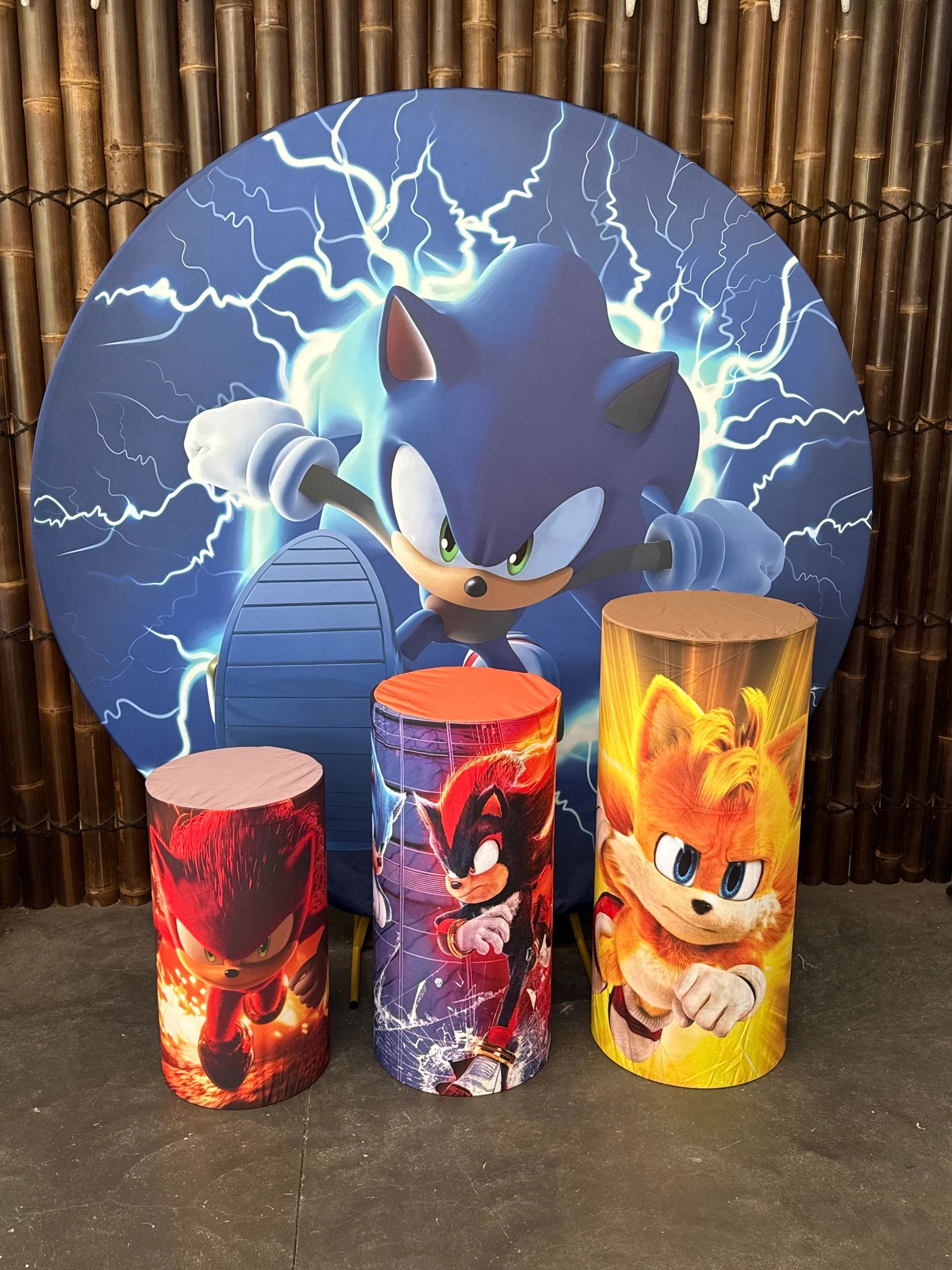 Colorful Sonic the Hedgehog-themed stools and table in a playful setup.