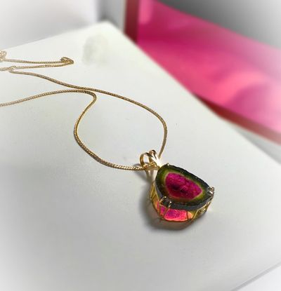 Patented, "Three Dimensional" Watermelon Tourmaline Pendant Set in 18k Rose Gold - Copyright © Natalie Lambert Designs - All Rights Reserved. https://watermelontourmalinejewelry.com/