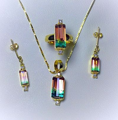 Rare Bi-Color Tourmaline Pendant, Earrings, and Ring Set - Copyright © Natalie Lambert Designs 