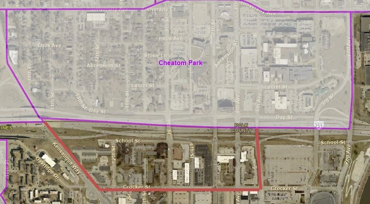 Aerial map highlighting Cheatom Park area in purple and a nearby zone in red.