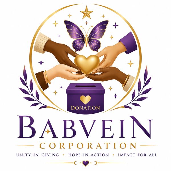 Hands holding a golden heart above a donation box with a purple butterfly and stars.