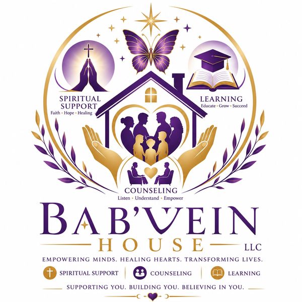 Logo of Bab'vein House offering spiritual support, learning, and counseling with empowering messages.