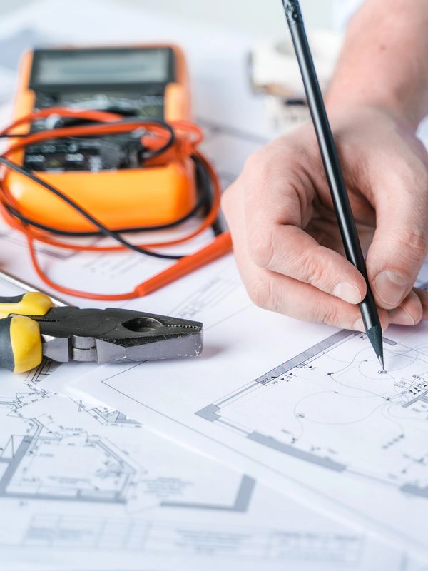 Hands working on electrical blueprints with tools and a multimeter nearby.