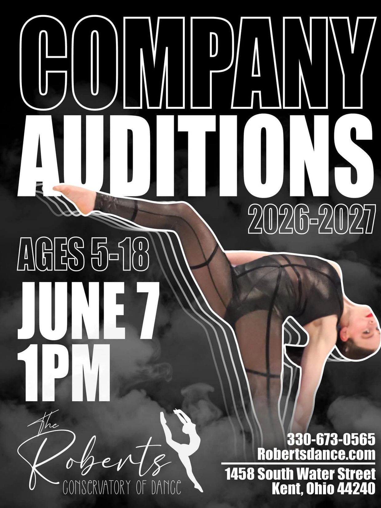 Dance company auditions for ages 5-18 on June 7 at 1 PM at Roberts Conservatory of Dance.