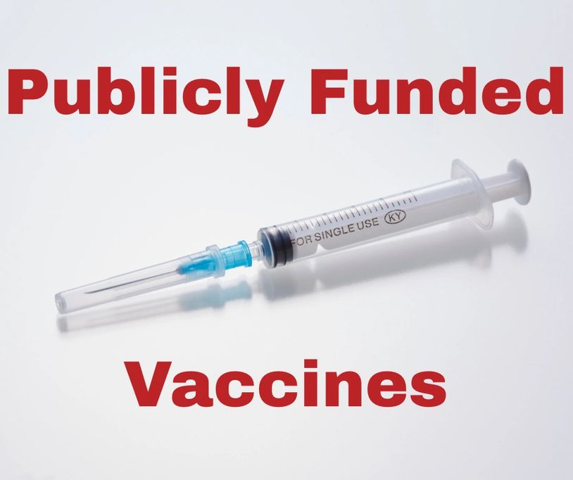 Syringe with the text 'Publicly Funded Vaccines' in bold red letters.