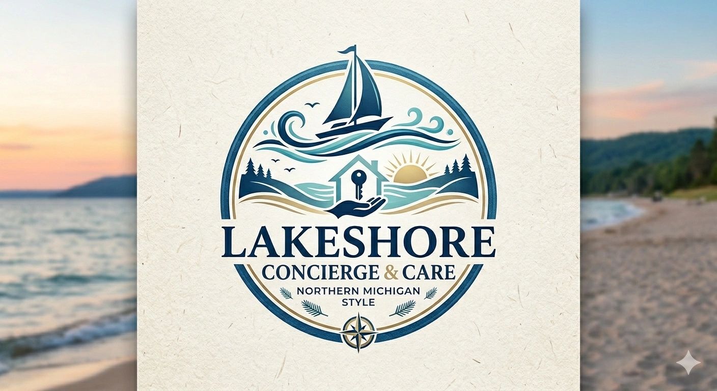 Logo for Lakeshore Concierge & Care, Northern Michigan style, featuring a sailboat and a house key.