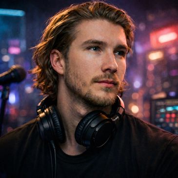 Young man with headphones in a music studio setting.