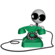 A small alien with sunglasses leaning on a vintage green rotary phone.