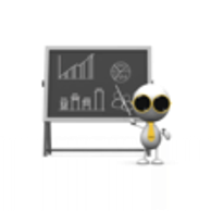 Cartoon robot presenting data charts on a blackboard with a pointer.