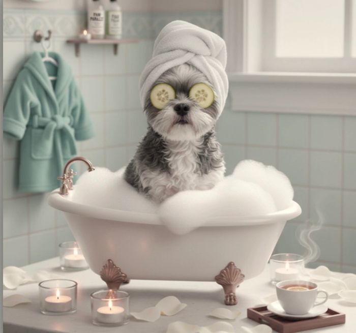 Dog enjoying a spa day with cucumbers on eyes in a bubble bath.
