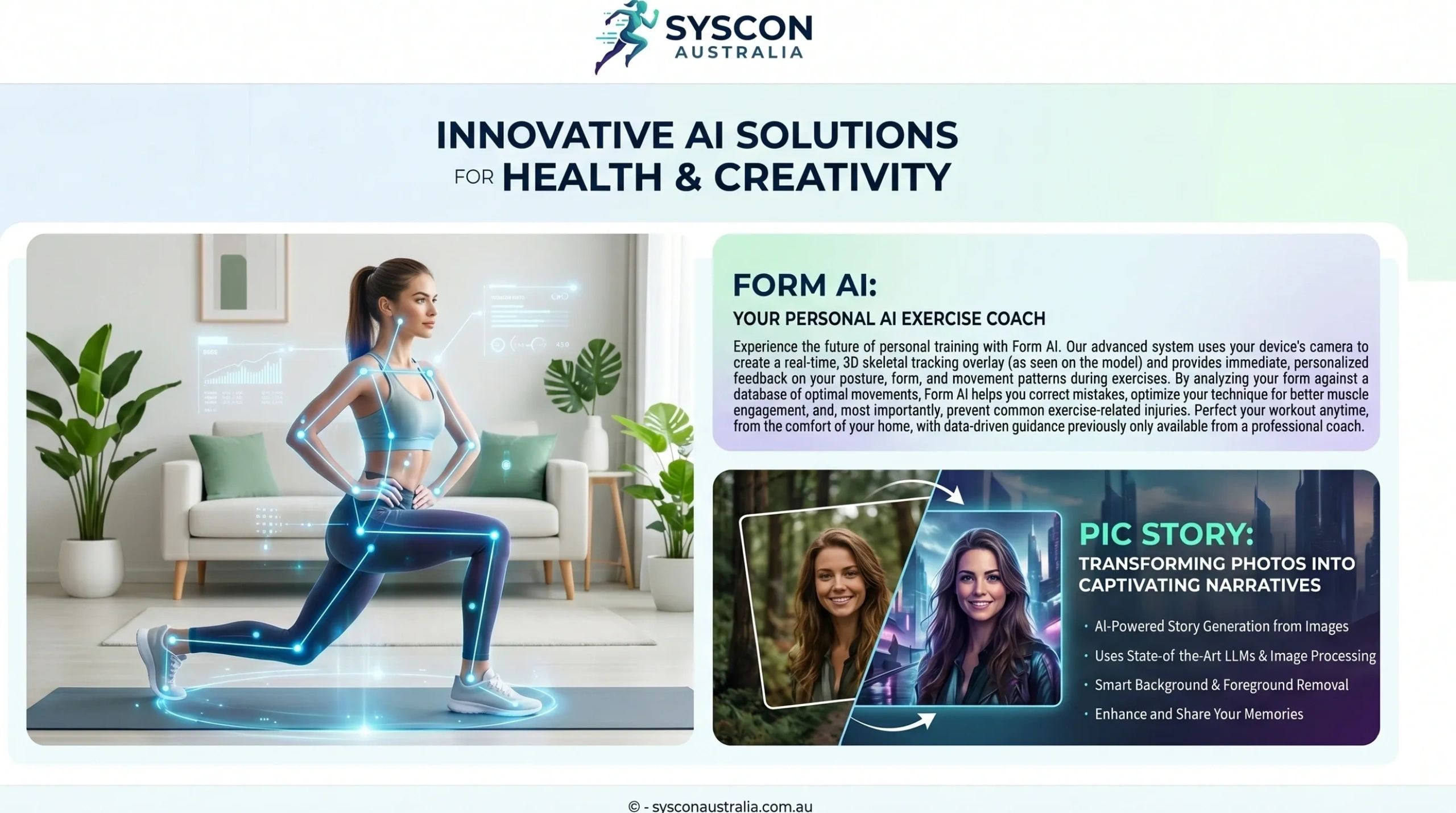 Syscon Australia offers innovative AI solutions for health and creativity, including a personal AI exercise coach and AI-powered photo storytelling.