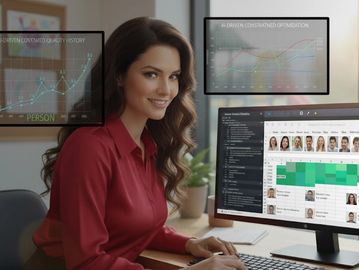 Woman in red working on AI-driven data analysis at her computer.