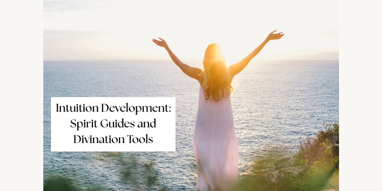 Woman embracing sunlight by the ocean with text on intuition development.