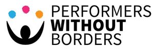 Performers Without Borders logo - a stick man juggling three balls, pink, yellow and blue
