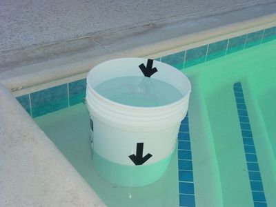 A bucket floating in a pool with arrows showing water levels inside and outside.