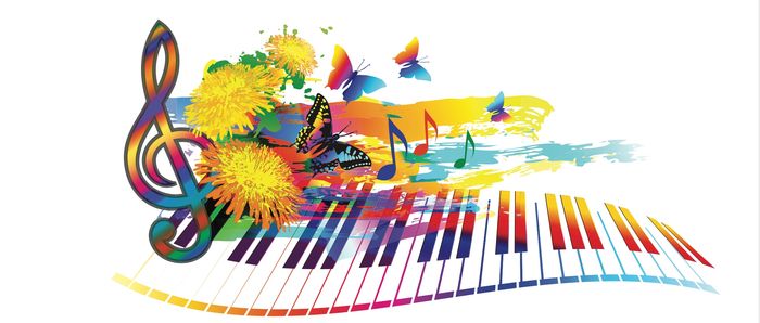 A colourful keyboard with flowers, butterflies and music notes