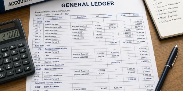 General ledger accounting document with calculator and pen (accounting).