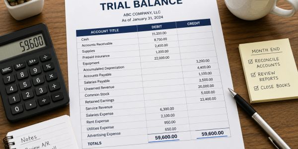 Trial balance sheet with financial entries, calculator, notes, and pen.