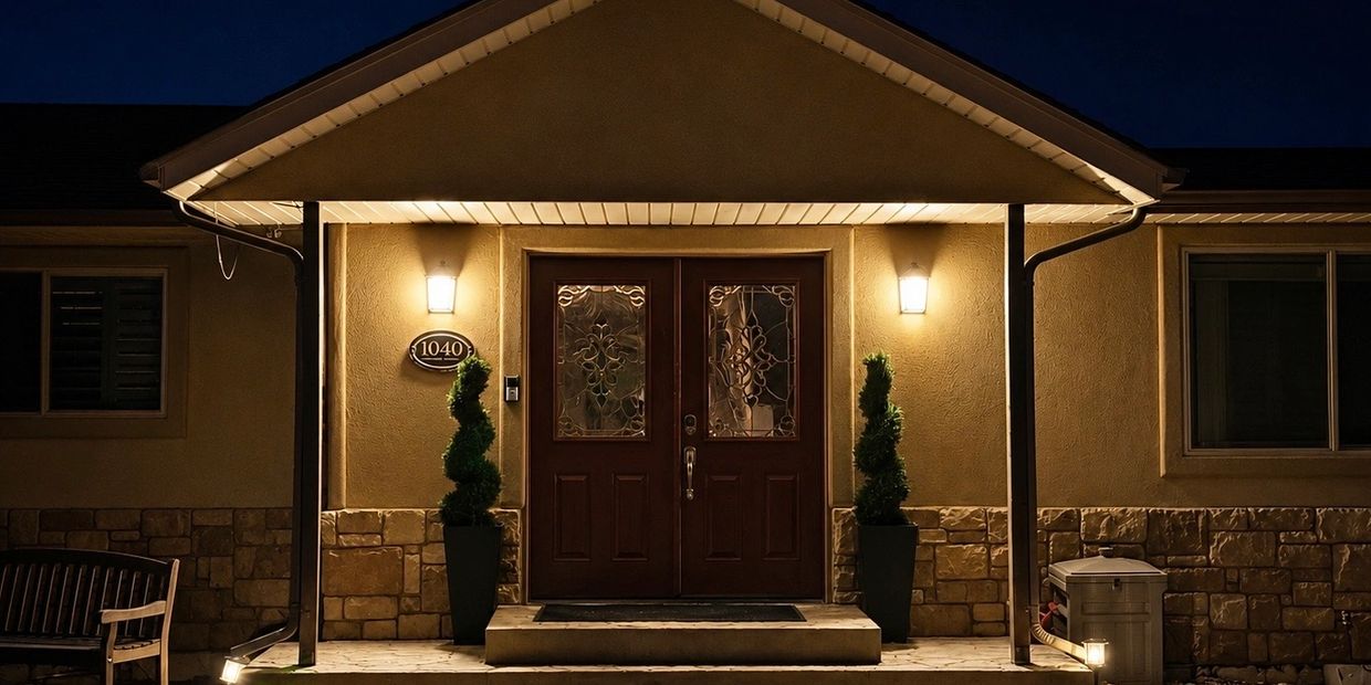 Warmly lit entrance of a home at night with double wooden doors and decorative plants.