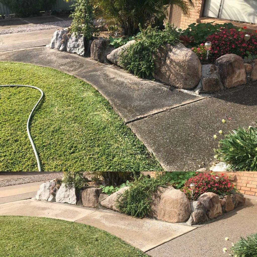 Before and after of a path that has been pressure cleaned by the team at On Point Pressure Cleaning 