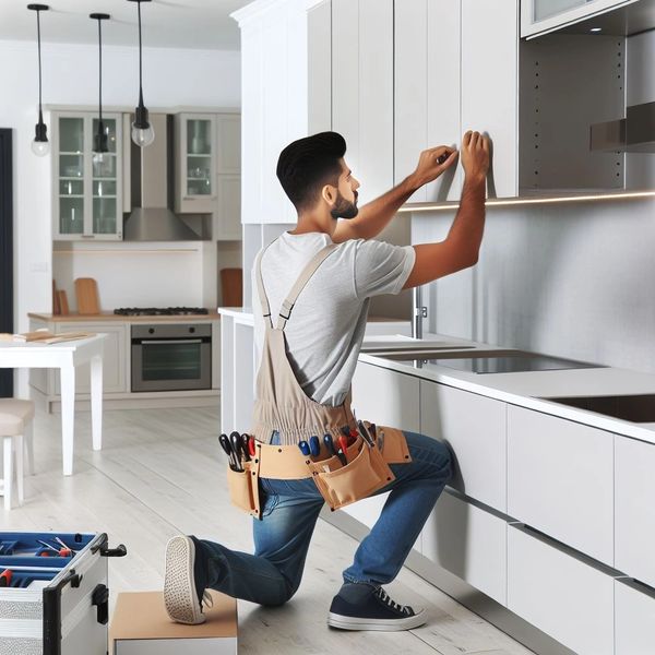 Handyman fixing kitchen cabinet in modern home with tools.