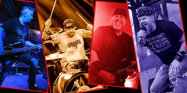 Four musicians performing energetically on stage, each highlighted with vibrant colored filters.