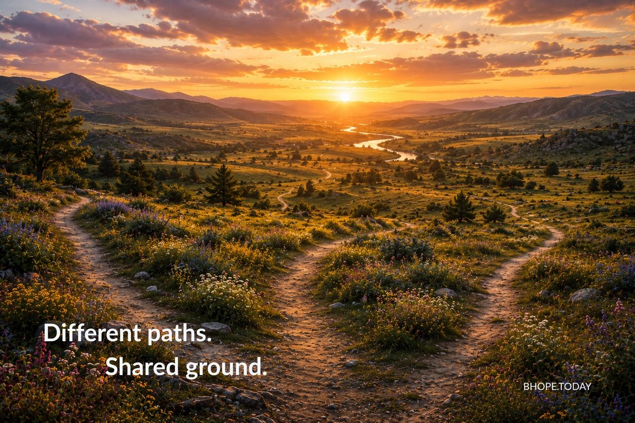 Paths diverging in a sunrise-lit valley.