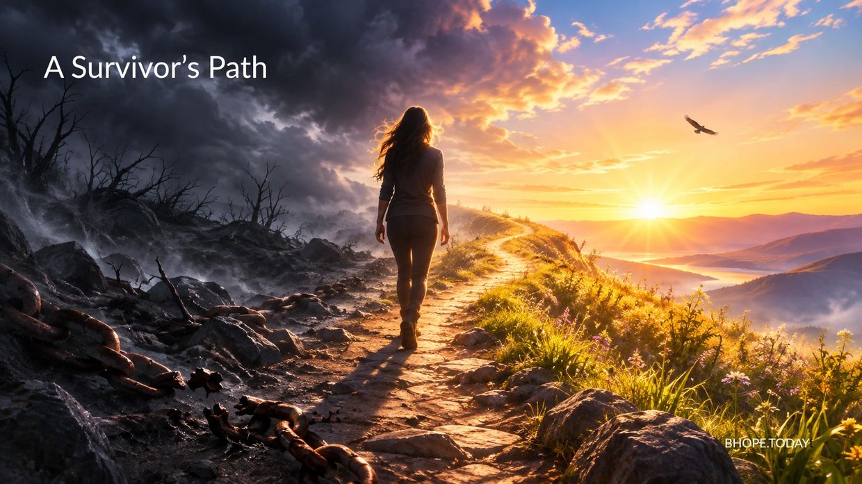 Woman walking from darkness to light on a path.