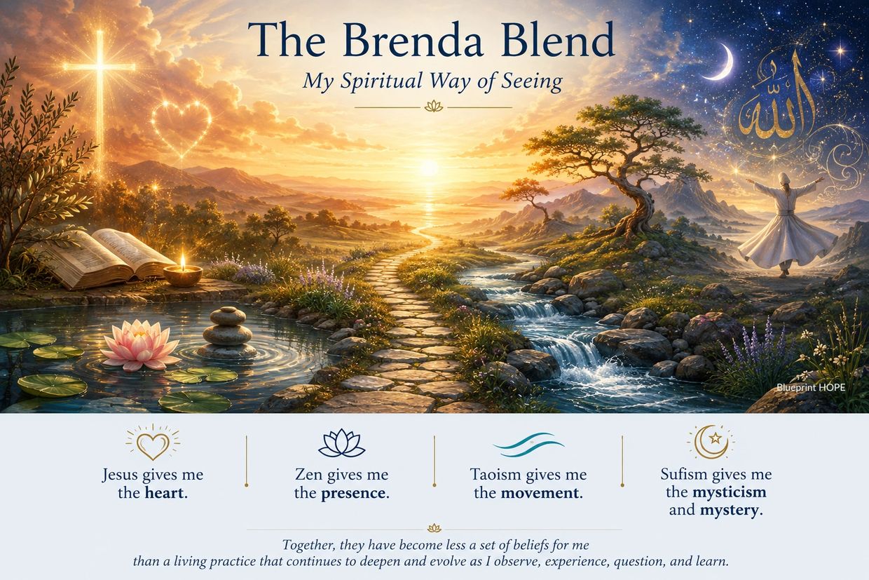 A spiritual landscape blending Christianity, Zen, Taoism, and Sufism.