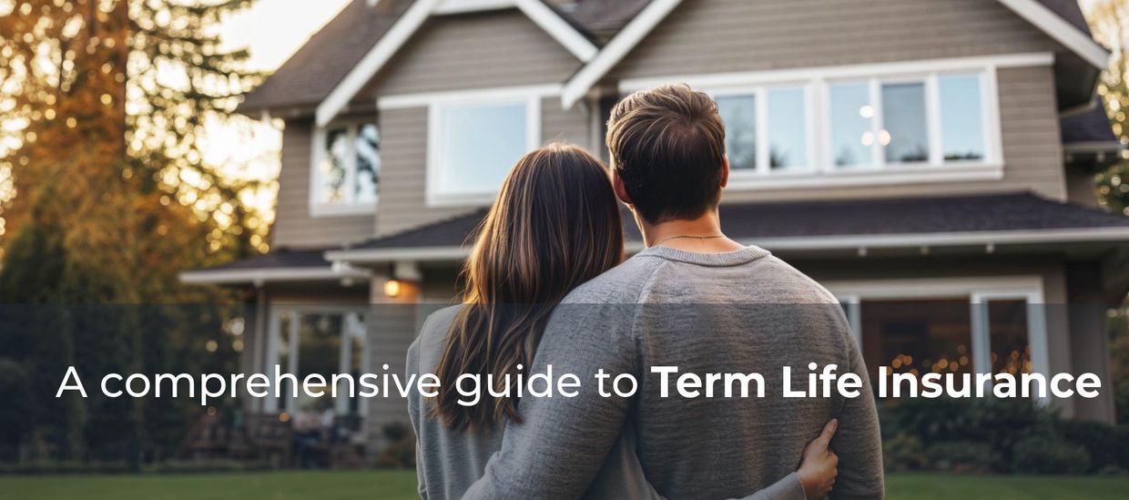 Couple embracing in front of a house with term life insurance guide text.