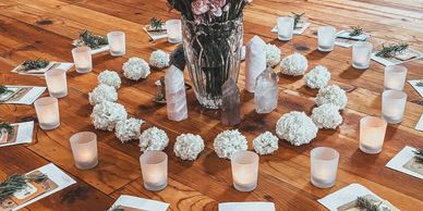 A table with candles and flowers on it