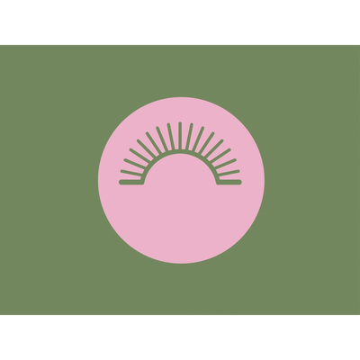 Stylized sun icon in pink circle on green background.
