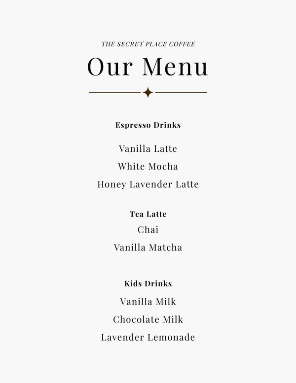 Coffee shop menu listing espresso, tea, and kids drinks.