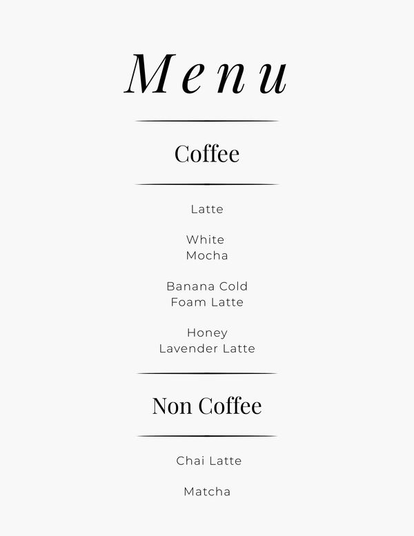 Minimalist menu listing coffee and non-coffee drinks.