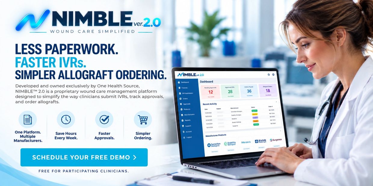 NIMBLE™ 2.0 wound care platform for IVR submissions, approval tracking, and allograft ordering.