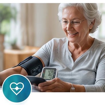 Senior woman using a digital blood pressure monitor for remote patient monitoring (RPM).