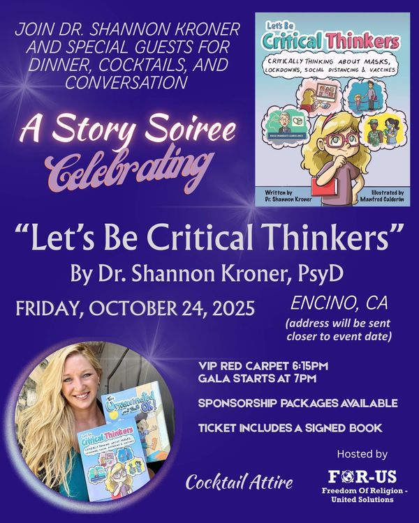 Invitation to a story soirée celebrating 'Let's Be Critical Thinkers' by Dr. Shannon Kroner.