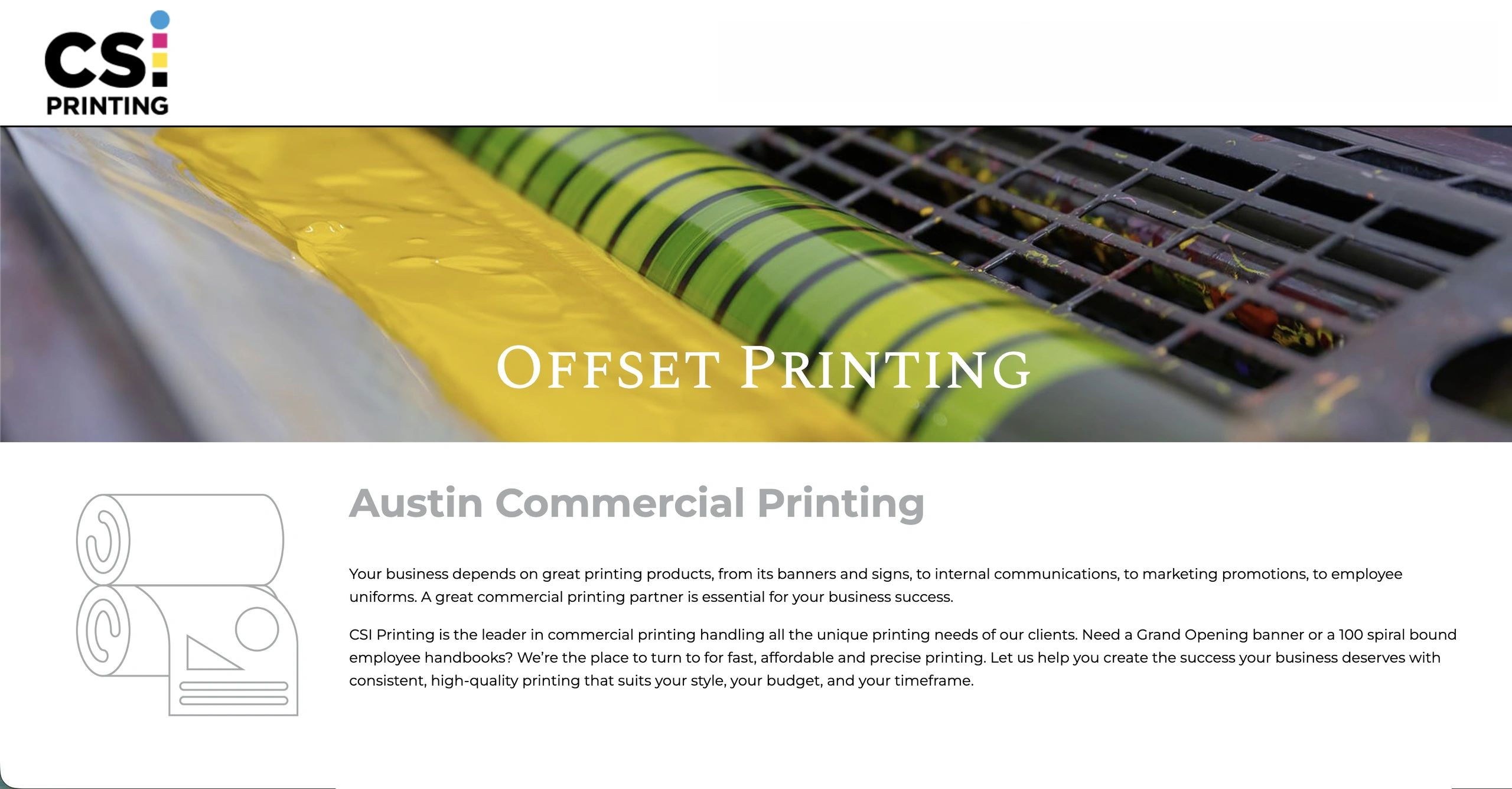 Close-up of an offset printing machine with yellow ink and CSI Printing logo.