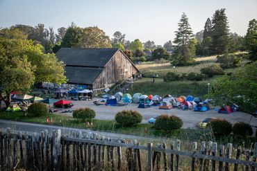 A campsite with numerous colorful tents near a large wooden barn surrounded by trees.