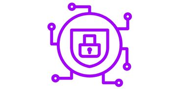 Purple cybersecurity icon with a lock and shield surrounded by circuit lines.