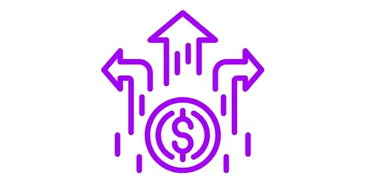 Purple icon with a dollar sign and three arrows pointing up and sideways.