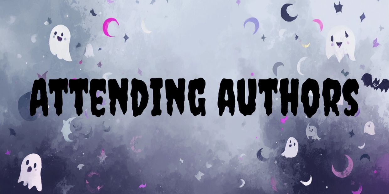 Halloween-themed 'Attending Authors' banner with ghosts and bats.