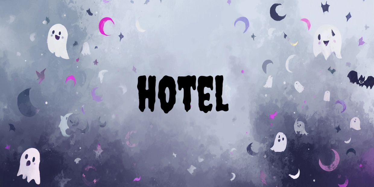 Halloween-themed hotel sign with ghosts and crescent moons.