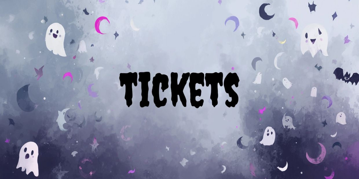 Halloween-themed tickets banner with ghosts and bats.