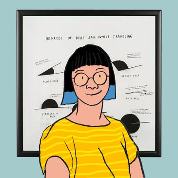 An illustrated portrait of Christine Sun Kim with blue hair smiling in front of her drawing