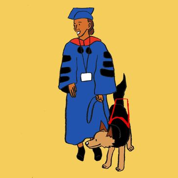 A portrait of Haben Grima with her guide dog. She is a Black woman wearing a graduation gown. 