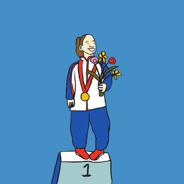 An illustrated portrait of Ellie Simmonds, a person with dwarfism she wears a paralympic gold medal